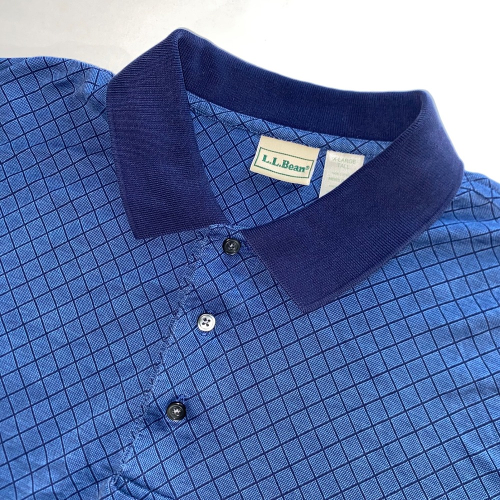 LL Bean Mens XL Tall Blue Diamond Grid Textured Cotton Short Sleeve Polo Shirt